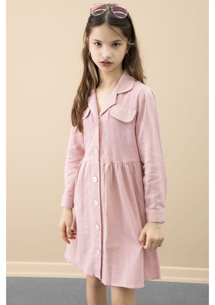 Pembe Düğme Kapamalı Kız Çocuk Kapak Detaylı Uzun Kol Elbise 20698 indirimleri