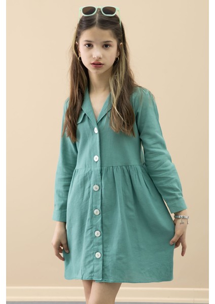 Yeşil Düğme Kapamalı Kız Çocuk Kapak Detaylı Uzun Kol Elbise 20699