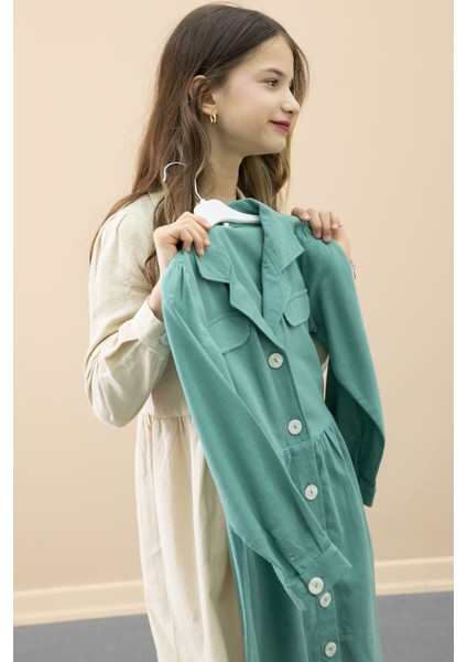 Yeşil Düğme Kapamalı Kız Çocuk Kapak Detaylı Uzun Kol Elbise 20699 fiyatları