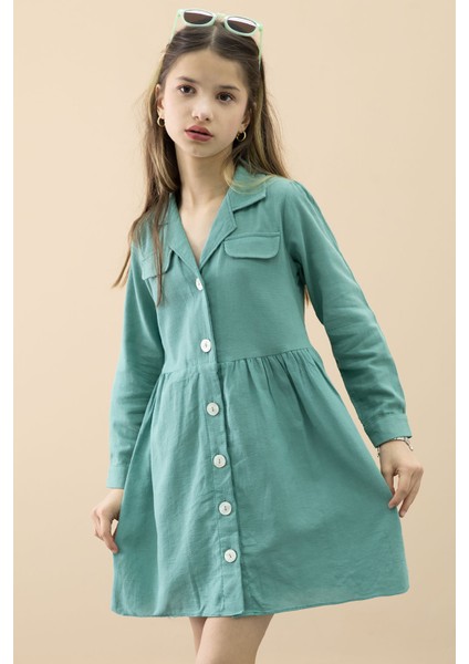 Yeşil Düğme Kapamalı Kız Çocuk Kapak Detaylı Uzun Kol Elbise 20699 modelleri