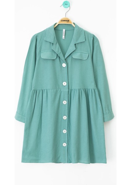 Yeşil Düğme Kapamalı Kız Çocuk Kapak Detaylı Uzun Kol Elbise 20699 fırsatları