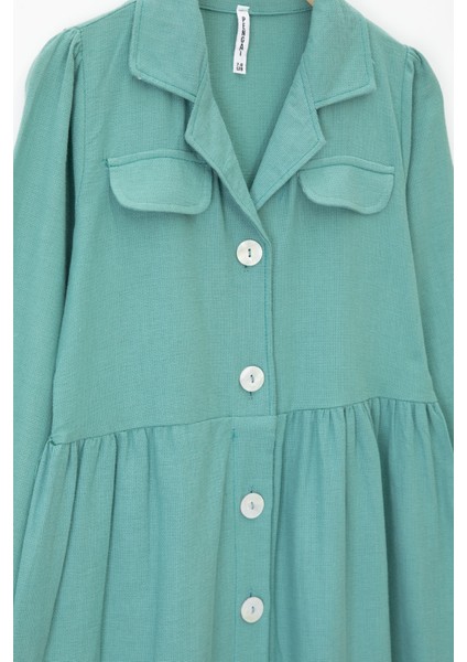 Yeşil Düğme Kapamalı Kız Çocuk Kapak Detaylı Uzun Kol Elbise 20699 indirimleri