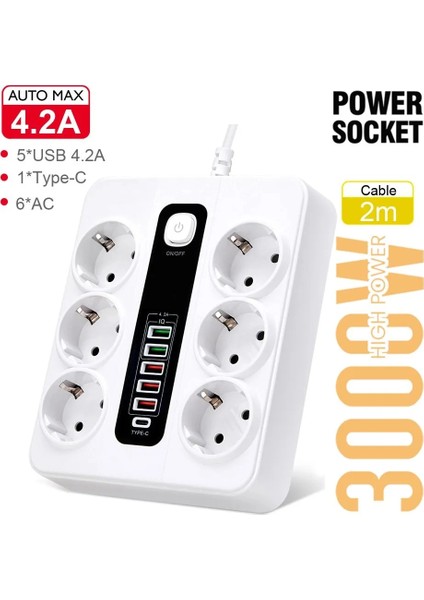 HP-H04 3000W 10AMPER 6’lı 2metre Uzatma Kablolu Çoklu Termal Akım Priz - Lisinya
