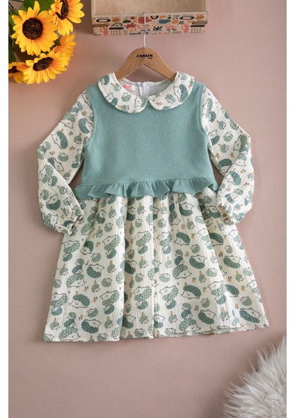 Yeşil Kirpi Desenli Süveterli Kız Çocuk Elbise 20223