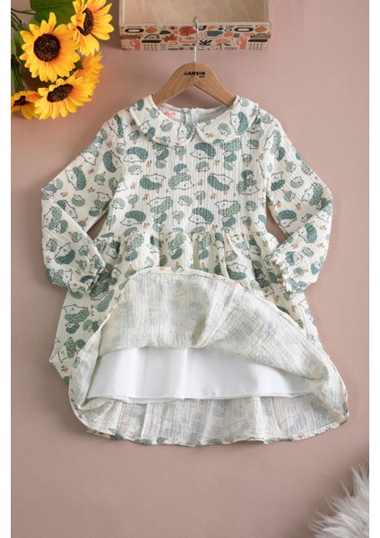 Yeşil Kirpi Desenli Süveterli Kız Çocuk Elbise 20223 modelleri