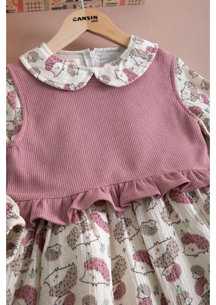Pembe Kirpi Desenli Süveterli Kız Çocuk Elbise 20222 modelleri