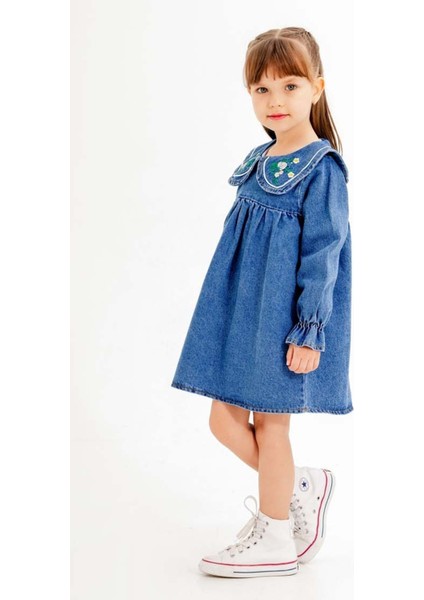 Lacivert Yakası Çiçek Nakışlı Uzun Kol Kız Çocuk Jean Elbise 20116 modelleri