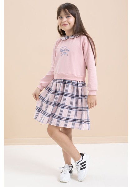 Pembe Kız Çocuk Yazı Baskılı Ekose Desenli Elbise 21543 modelleri