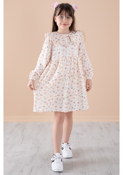 Krem Yaprak Desenli Düğmeli Müslin Kız Çocuk Elbise 20307