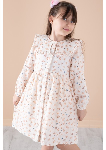 Krem Yaprak Desenli Düğmeli Müslin Kız Çocuk Elbise 20307 fiyatları