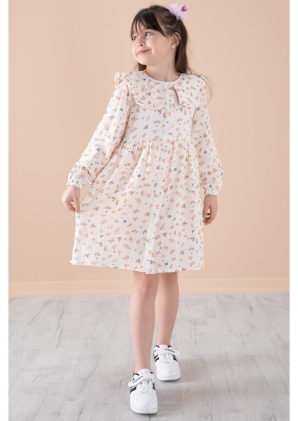 Krem Yaprak Desenli Düğmeli Müslin Kız Çocuk Elbise 20307 modelleri