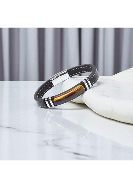 Kaplangözü Taş & Deri Kordonlu Titanyum Çelik Erkek Bileklik 31832B1D1 modelleri