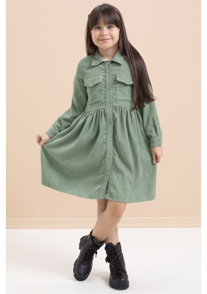 Yeşil Kız Çocuk Cep Detaylı Kadife Desenli Elbise 21547