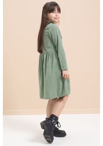 Yeşil Kız Çocuk Cep Detaylı Kadife Desenli Elbise 21547 fiyatları