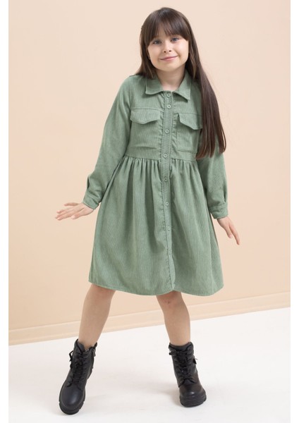 Yeşil Kız Çocuk Cep Detaylı Kadife Desenli Elbise 21547 modelleri