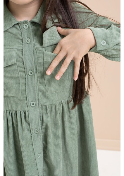 Yeşil Kız Çocuk Cep Detaylı Kadife Desenli Elbise 21547 fırsatları