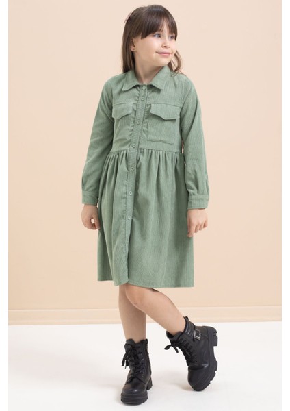 Yeşil Kız Çocuk Cep Detaylı Kadife Desenli Elbise 21547 indirimleri