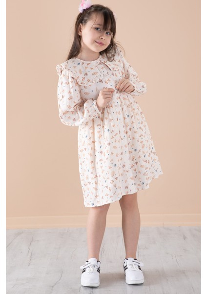 Krem Yaprak Desenli Düğmeli Müslin Kız Çocuk Elbise 20307 fırsatları