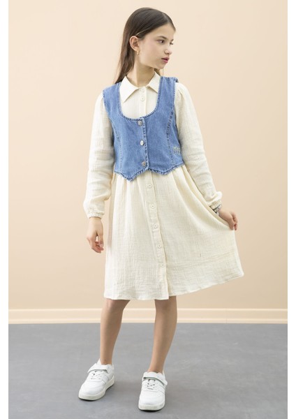 Krem Jean Yelekli Uzun Kol Kız Çocuk 2li Müslin Elbise 20668