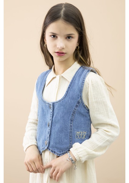 Krem Jean Yelekli Uzun Kol Kız Çocuk 2li Müslin Elbise 20668 fiyatları