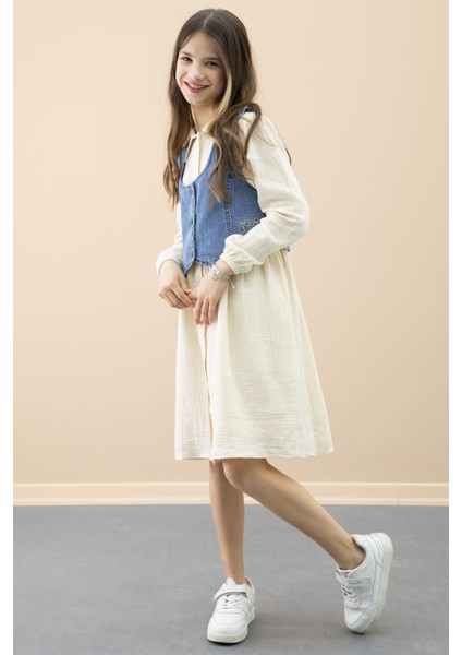 Krem Jean Yelekli Uzun Kol Kız Çocuk 2li Müslin Elbise 20668 modelleri