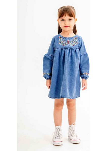 Lacivert Çiçek Nakışlı Kolları Işlemeli Kız Çocuk Jean Elbise 20118