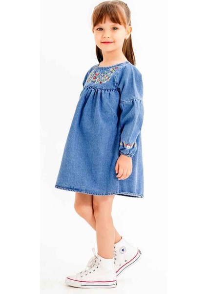 Lacivert Çiçek Nakışlı Kolları Işlemeli Kız Çocuk Jean Elbise 20118 fiyatları