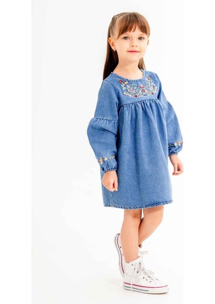 Lacivert Çiçek Nakışlı Kolları Işlemeli Kız Çocuk Jean Elbise 20118 modelleri