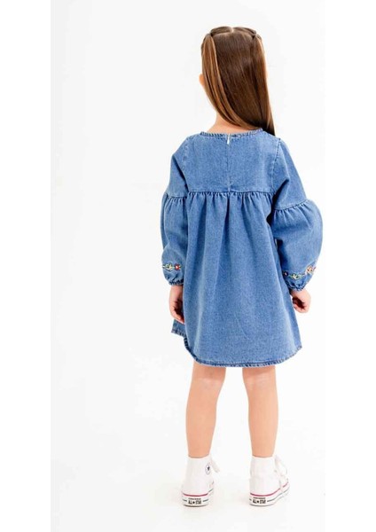 Lacivert Çiçek Nakışlı Kolları Işlemeli Kız Çocuk Jean Elbise 20118 fırsatları
