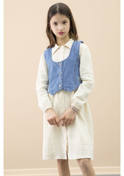 Krem Jean Yelekli Uzun Kol Kız Çocuk 2li Müslin Elbise 20668 fırsatları