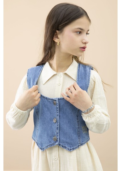 Krem Jean Yelekli Uzun Kol Kız Çocuk 2li Müslin Elbise 20668 indirimleri