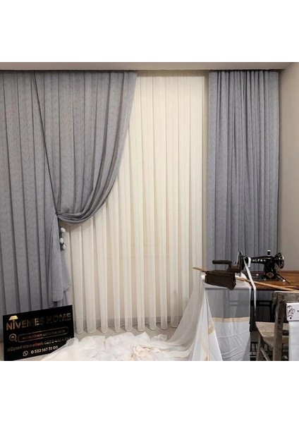 Nivemeshome Mızraklı FIR0914 AR03102 V-105 Gri 1/3 Sık Pileli Tül Perde Apm