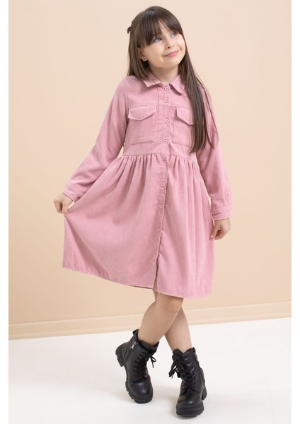 Gülkurusu Kız Çocuk Cep Detaylı Kadife Desenli Elbise 21549
