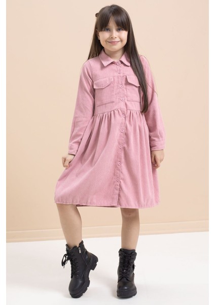 Gülkurusu Kız Çocuk Cep Detaylı Kadife Desenli Elbise 21549 modelleri