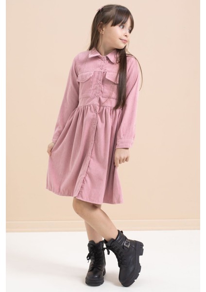 Gülkurusu Kız Çocuk Cep Detaylı Kadife Desenli Elbise 21549 indirimleri