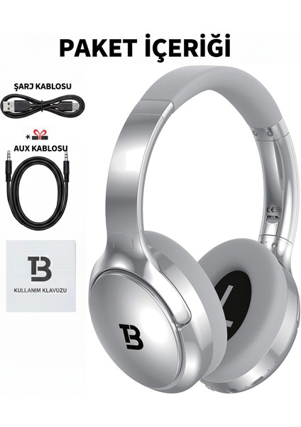 Kablosuz Kulaküstü Gümüş Bluetooth Kulaklık Stereo-Mikrofon-Aux HK-033