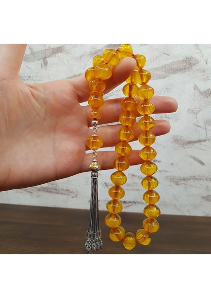 Büyük Boy Sığırcık Kesim Sarı Sıkma Kehribar Tesbih