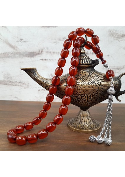 Gümüş Püskül Kahve Faturan Sıkma Kehribar Tesbih