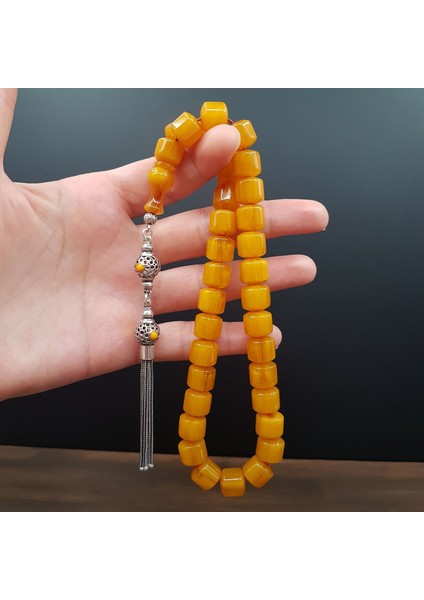 Gümüş Püskül Teker Sarı Sıkma Kehribar Tesbih