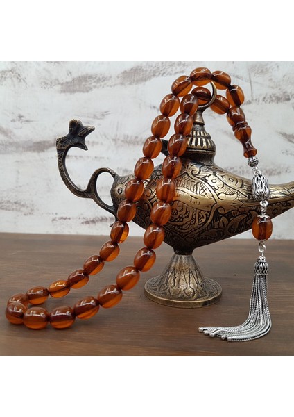Gümüş Püskül Bal Rengi Beyzi Sıkma Kehribar Tesbih