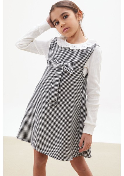 Siyah Kazayağı Desenli Fiyonklu Kız Çocuk Badili Elbise 17651