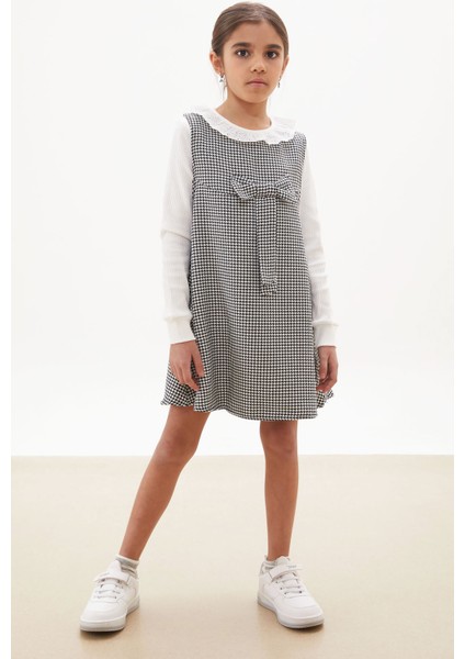 Siyah Kazayağı Desenli Fiyonklu Kız Çocuk Badili Elbise 17651 fiyatları