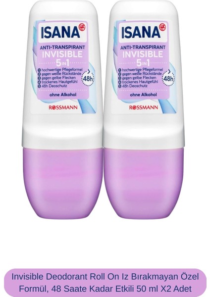 Invisible Deodorant Roll On Iz Bırakmayan Özel Formül, 48 Saate Kadar Etkili 50 ml X2 Adet