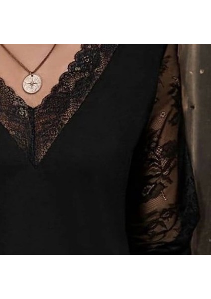 Mdb Kadın Uzun Kollu V Dantel Yakalı Viskon Bluz fiyatları