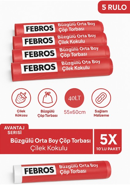 40 Lt ( 5 Paket ) Avantaj Paket Orta Boy Çilek Kokulu Büzgülü Çöp Poşeti Çöp Torbası 50 Adet