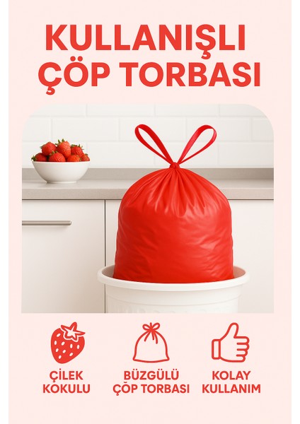 40 Lt ( 5 Paket ) Avantaj Paket Orta Boy Çilek Kokulu Büzgülü Çöp Poşeti Çöp Torbası 50 Adet fiyatları