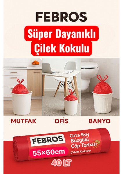 40 Lt ( 5 Paket ) Avantaj Paket Orta Boy Çilek Kokulu Büzgülü Çöp Poşeti Çöp Torbası 50 Adet indirimleri