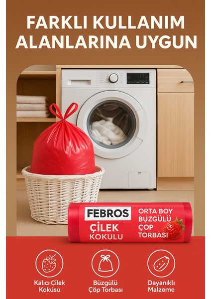40 Lt ( 5 Paket ) Avantaj Paket Orta Boy Çilek Kokulu Büzgülü Çöp Poşeti Çöp Torbası 50 Adet