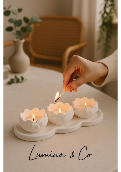 Beyaz 7’li Lotus Tealight Mumluk Seti – Dekoratif Beton Tasarım