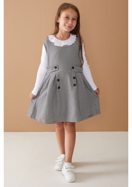 Siyah Uzun Kollu Badili Düğme Detaylı Kazayağı Kız Çocuk Elbise 18593